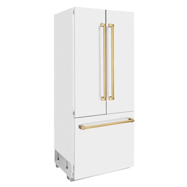 ZLINE 36 in. Autograph Edition 19.6 cu. ft. Built-in 2-Door Bottom Freezer Refrigerator with Internal Water and Ice Dispenser in White Matte with Polished Gold Accents (RBIVZ-WM-36-G) - Image 8