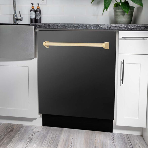 ZLINE Autograph Edition 24 in. 3rd Rack Top Control Tall Tub Dishwasher in Black Stainless Steel with Polished Gold Accent Handle, 51dBa (DWVZ-BS-24-G) - Image 8