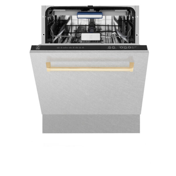 ZLINE Autograph Edition 24 in. 3rd Rack Top Control Tall Tub Dishwasher in Fingerprint Resistant Stainless Steel with Polished Gold Accent Handle, 51dBa (DWVZ-SN-24-G) - Image 7