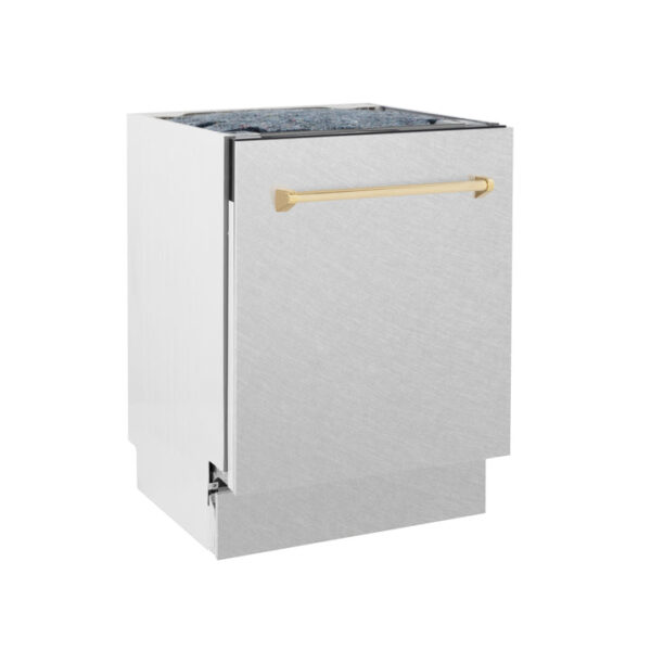 ZLINE Autograph Edition 24 in. 3rd Rack Top Control Tall Tub Dishwasher in Fingerprint Resistant Stainless Steel with Polished Gold Accent Handle, 51dBa (DWVZ-SN-24-G) - Image 6