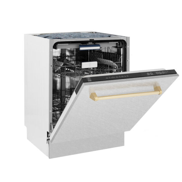 ZLINE Autograph Edition 24 in. 3rd Rack Top Control Tall Tub Dishwasher in Fingerprint Resistant Stainless Steel with Polished Gold Accent Handle, 51dBa (DWVZ-SN-24-G) - Image 4