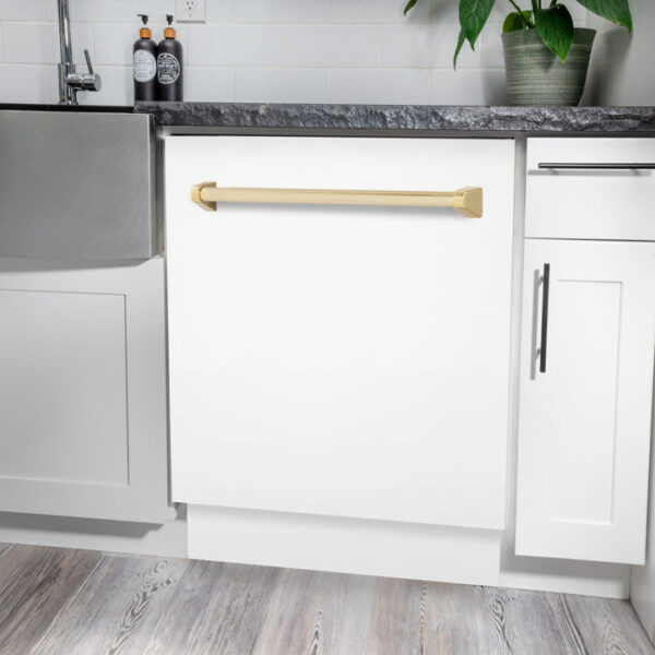 ZLINE Autograph Edition 24 in. 3rd Rack Top Control Tall Tub Dishwasher in White Matte with Polished Gold Accent Handle, 51dBa (DWVZ-WM-24-G) - Image 8