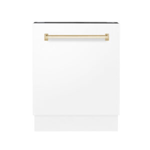 ZLINE Autograph Edition 24 in. 3rd Rack Top Control Tall Tub Dishwasher in White Matte with Polished Gold Accent Handle, 51dBa (DWVZ-WM-24-G)