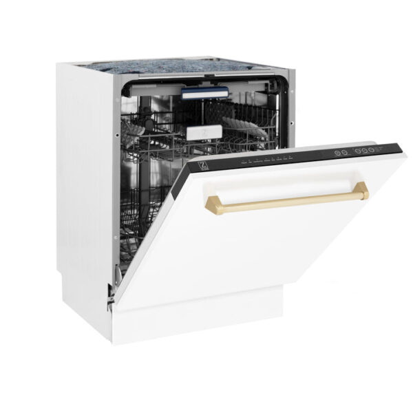 ZLINE Autograph Edition 24 in. 3rd Rack Top Control Tall Tub Dishwasher in White Matte with Polished Gold Accent Handle, 51dBa (DWVZ-WM-24-G) - Image 6