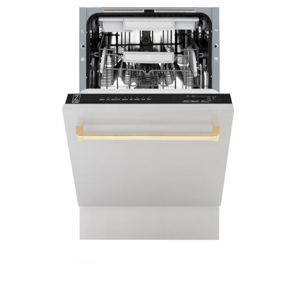 ZLINE Autograph Edition 18” Compact 3rd Rack Top Control Dishwasher in Stainless Steel with Polished Gold Handle, 51dBa (DWVZ-304-18-G) - Image 4