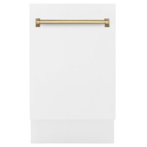 ZLINE Autograph Edition 18” Compact 3rd Rack Top Control Dishwasher in White Matte with Champagne Bronze Accent Handle, 51dBa (DWVZ-WM-18-CB)