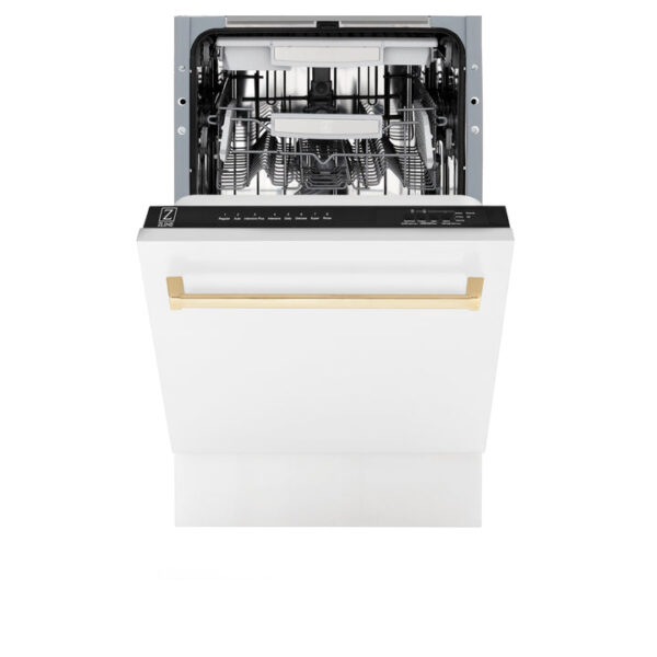ZLINE Autograph Edition 18” Compact 3rd Rack Top Control Dishwasher in White Matte with Polished Gold Accent Handle, 51dBa (DWVZ-WM-18-G) - Image 7