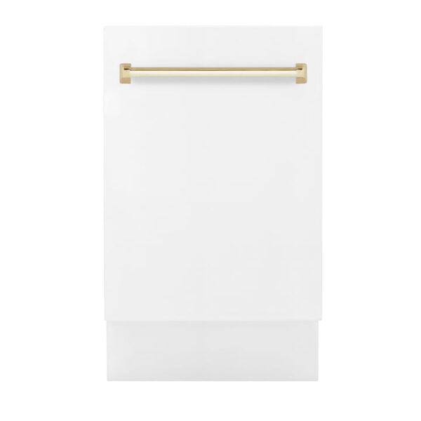 ZLINE Autograph Edition 18” Compact 3rd Rack Top Control Dishwasher in White Matte with Polished Gold Accent Handle, 51dBa (DWVZ-WM-18-G) - Image 9