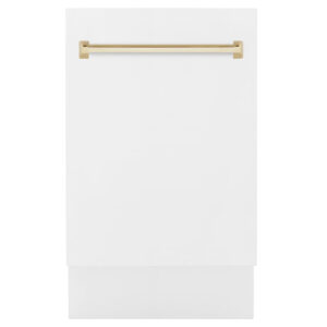 ZLINE Autograph Edition 18” Compact 3rd Rack Top Control Dishwasher in White Matte with Polished Gold Accent Handle, 51dBa (DWVZ-WM-18-G)