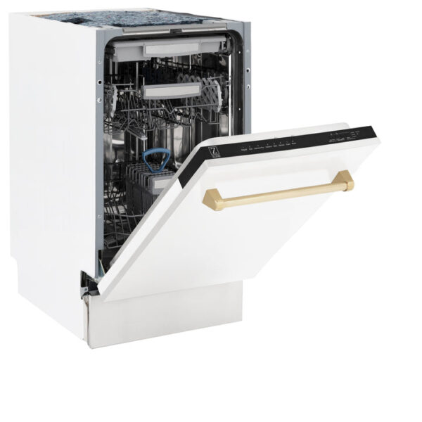 ZLINE Autograph Edition 18” Compact 3rd Rack Top Control Dishwasher in White Matte with Polished Gold Accent Handle, 51dBa (DWVZ-WM-18-G) - Image 4