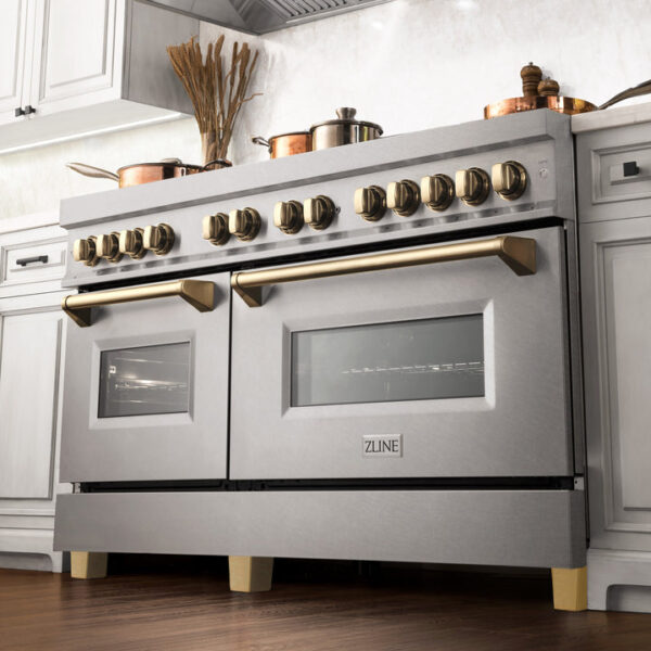 ZLINE Autograph Edition 60 in. 7.4 cu. ft. Dual Fuel Range with Gas Stove and Electric Oven in DuraSnow Stainless Steel with Polished Gold Accents (RASZ-SN-60-G) - Image 6