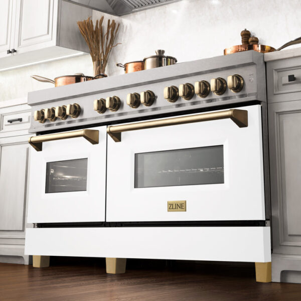 ZLINE Autograph Edition 60 in. 7.4 cu. ft. Dual Fuel Range with Gas Stove and Electric Oven in Stainless Steel with White Matte Door and Polished Gold Accents (RAZ-WM-60-G) - Image 8