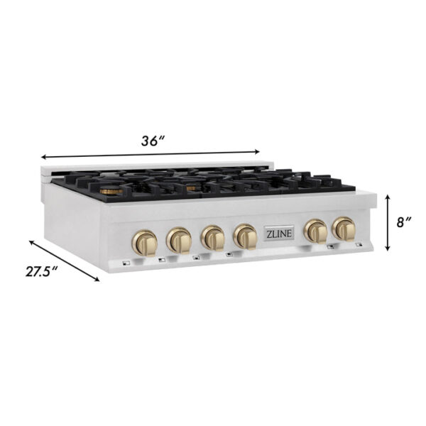 ZLINE Autograph Edition 36 in. Porcelain Rangetop with 6 Gas Burners in DuraSnow Stainless Steel with Polished Gold Accents (RTSZ-36-G) - Image 6