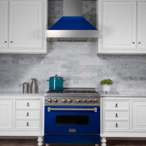 ZLINE Ducted Fingerprint Resistant Stainless Steel Range Hood with Blue Gloss Shell (8654BG) - Image 3