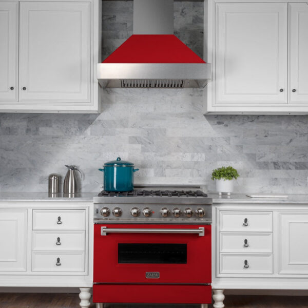 ZLINE Ducted Fingerprint Resistant Stainless Steel Range Hood with Red Matte Shell (8654RM) - Image 4