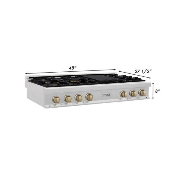 ZLINE Autograph Edition 48 in. Porcelain Rangetop with 7 Gas Burners in DuraSnow Stainless Steel and Champagne Bronze Accents (RTSZ-48-CB) - Image 5