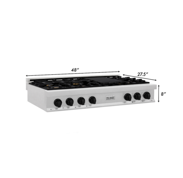 ZLINE Autograph Edition 48 in. Porcelain Rangetop with 7 Gas Burners in DuraSnow Stainless Steel and Matte Black Accents (RTSZ-48-MB) - Image 2