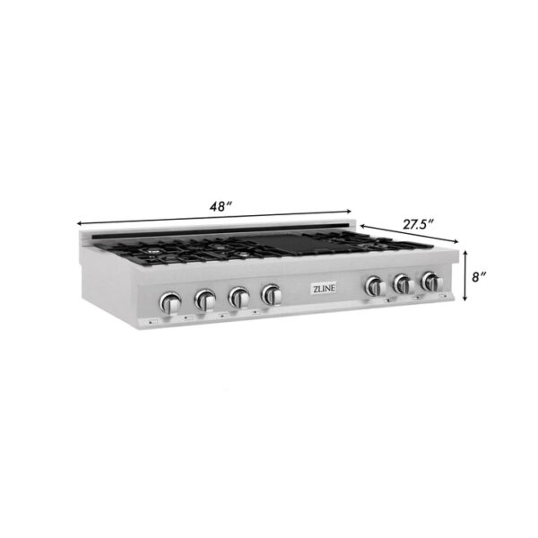 ZLINE 48 in. Porcelain Gas Stovetop in DuraSnow Stainless Steel with 7 Gas Burners and Griddle (RTS-48) - Image 7