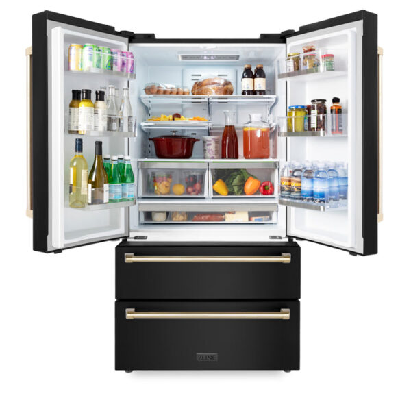 ZLINE 36 in. Autograph Edition 22.5 cu. ft Freestanding French Door Refrigerator with Ice Maker in Fingerprint Resistant Black Stainless Steel with Polished Gold Accents (RFMZ-36-BS-G) - Image 5