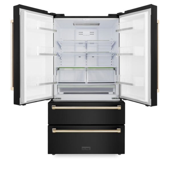 ZLINE 36 in. Autograph Edition 22.5 cu. ft Freestanding French Door Refrigerator with Ice Maker in Fingerprint Resistant Black Stainless Steel with Polished Gold Accents (RFMZ-36-BS-G) - Image 4