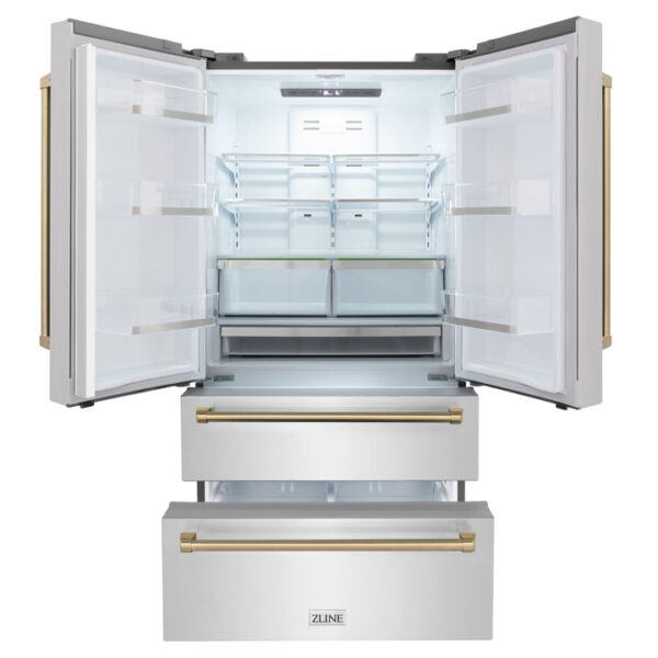 ZLINE 36 in. Autograph Edition 22.5 cu. ft Freestanding French Door Refrigerator with Ice Maker in Fingerprint Resistant Stainless Steel with Champagne Bronze Accents (RFMZ-36-CB) - Image 4