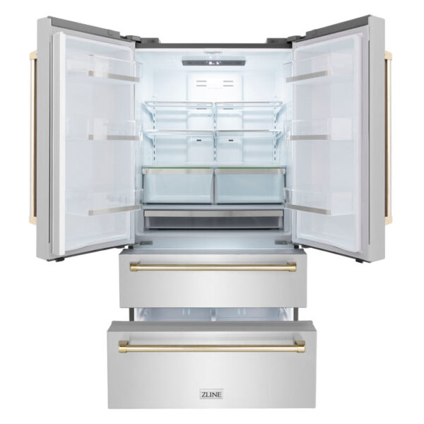 ZLINE 36 in. Autograph Edition 22.5 cu. ft Freestanding French Door Refrigerator with Ice Maker in Fingerprint Resistant Stainless Steel with Polished Gold Accents (RFMZ-36-G) - Image 18