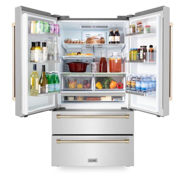 ZLINE 36 in. Autograph Edition 22.5 cu. ft Freestanding French Door Refrigerator with Ice Maker in Fingerprint Resistant Stainless Steel with Polished Gold Accents (RFMZ-36-G) - Image 16