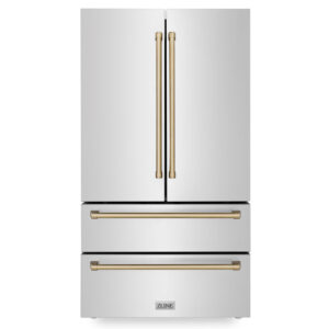 ZLINE 36 in. Autograph Edition 22.5 cu. ft Freestanding French Door Refrigerator with Ice Maker in Fingerprint Resistant Stainless Steel with Champagne Bronze Accents (RFMZ-36-CB)