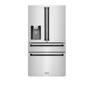 ZLINE 36 in. Autograph Edition 21.6 cu. ft Freestanding French Door Refrigerator with Water Dispenser in Stainless Steel with Matte Black Accents (RFMZ-W-36-MB)