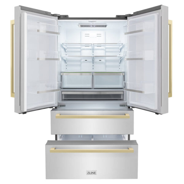 ZLINE 36 in. Autograph Edition 22.5 cu. ft 4-Door French Door Refrigerator with Ice Maker in Stainless Steel with Champagne Bronze Square Handles (RFMZ-36-FCB) - Image 2