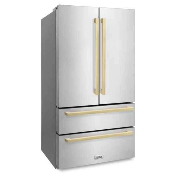 ZLINE 36 in. Autograph Edition 22.5 cu. ft 4-Door French Door Refrigerator with Ice Maker in Stainless Steel with Champagne Bronze Square Handles (RFMZ-36-FCB) - Image 3