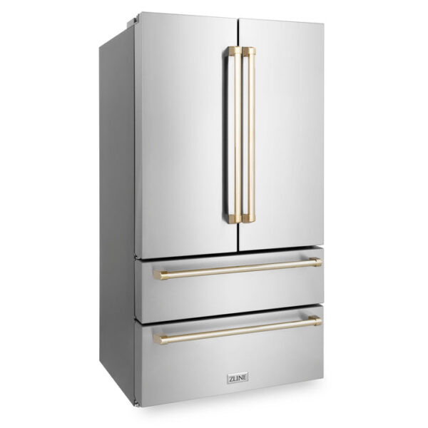 ZLINE 36 in. Autograph Edition 22.5 cu. ft Freestanding French Door Refrigerator with Ice Maker in Fingerprint Resistant Stainless Steel with Polished Gold Accents (RFMZ-36-G) - Image 10