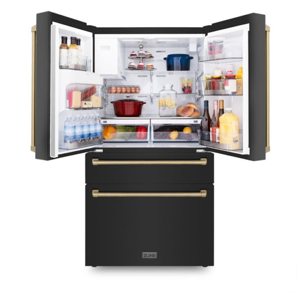 ZLINE 36 in. Autograph Edition 21.6 cu. ft Freestanding French Door Refrigerator with Water and Ice Dispenser in Fingerprint Resistant Black Stainless Steel with Champagne Bronze Accents (RFMZ-W-36-BS-CB) - Image 5