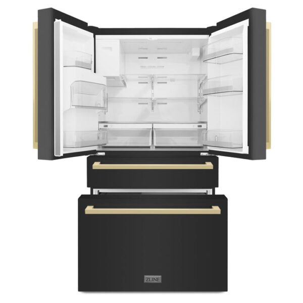 ZLINE 36 in. Autograph Edition 21.6 cu. ft 4-Door French Door Refrigerator with Water and Ice Dispenser in Black Stainless Steel with Champagne Bronze Square Handles (RFMZ-W36-BS-FCB) - Image 7