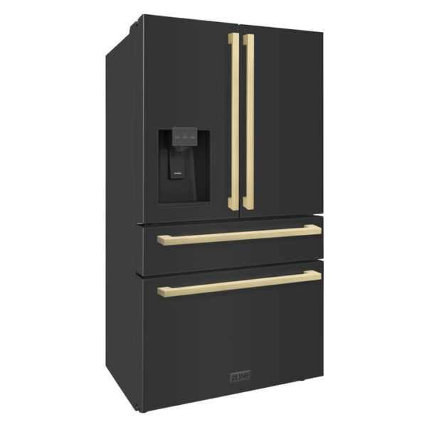 ZLINE 36 in. Autograph Edition 21.6 cu. ft 4-Door French Door Refrigerator with Water and Ice Dispenser in Black Stainless Steel with Champagne Bronze Square Handles (RFMZ-W36-BS-FCB) - Image 5