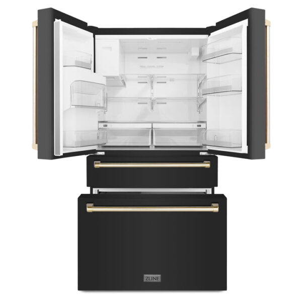 ZLINE 36 in. Autograph Edition 21.6 cu. ft Freestanding French Door Refrigerator with Water and Ice Dispenser in Fingerprint Resistant Black Stainless Steel with Polished Gold Accents (RFMZ-W-36-BS-G) - Image 10