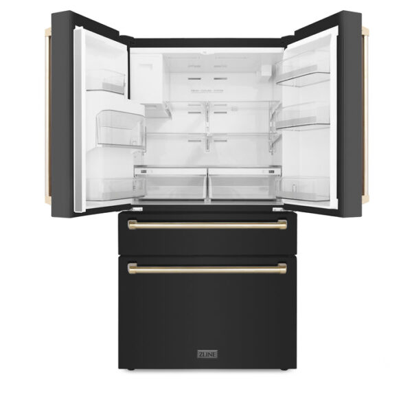 ZLINE 36 in. Autograph Edition 21.6 cu. ft Freestanding French Door Refrigerator with Water and Ice Dispenser in Fingerprint Resistant Black Stainless Steel with Polished Gold Accents (RFMZ-W-36-BS-G) - Image 12