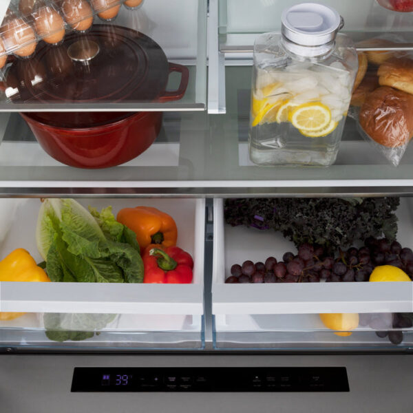 ZLINE 36 in. Autograph Edition 21.6 cu. ft 4-Door French Door Refrigerator with Water and Ice Dispenser in Stainless Steel with Champagne Bronze Square Handles (RFMZ-W-36-FCB) - Image 2