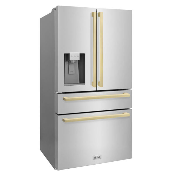 ZLINE 36 in. Autograph Edition 21.6 cu. ft 4-Door French Door Refrigerator with Water and Ice Dispenser in Stainless Steel with Champagne Bronze Square Handles (RFMZ-W-36-FCB) - Image 3