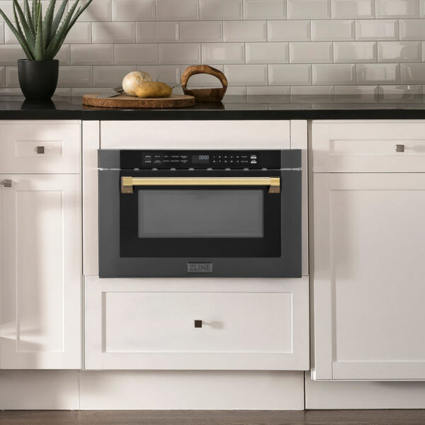 ZLINE Autograph Edition 24 in. 1.2 cu. ft. Built-in Microwave Drawer in Black Stainless Steel with Polished Gold Accents (MWDZ-1-BS-H-G) - Image 11