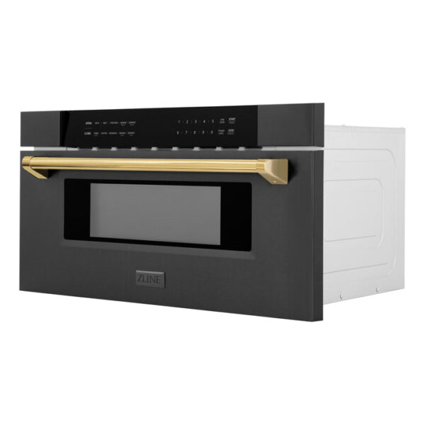 ZLINE Autograph Edition 30 in. 1.2 cu. ft. Built-in Microwave Drawer in Black Stainless Steel with Polished Gold Accents (MWDZ-30-BS-G) - Image 8