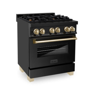 ZLINE Autograph Edition 30 in. 4.0 cu. ft. Dual Fuel Range with Gas Stove and Electric Oven in Black Stainless Steel with Champagne Bronze Accents (RABZ-30-CB)