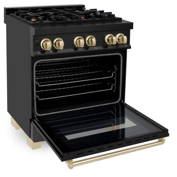 ZLINE Autograph Edition 30 in. 4.0 cu. ft. Dual Fuel Range with Gas Stove and Electric Oven in Black Stainless Steel with Polished Gold Accents (RABZ-30-G) - Image 2
