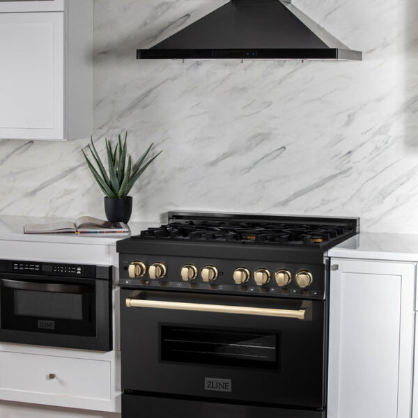 ZLINE Autograph Edition 36 in. 4.6 cu. ft. Dual Fuel Range with Gas Stove and Electric Oven in Black Stainless Steel with Polished Gold Accents (RABZ-36-G) - Image 3