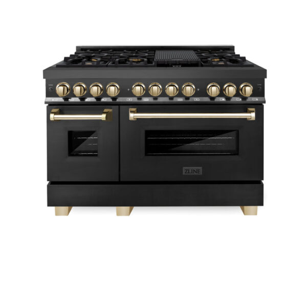 ZLINE Autograph Edition 48 in. 6.0 cu. ft. Dual Fuel Range with Gas Stove and Electric Oven in Black Stainless Steel with Polished Gold Accents (RABZ-48-G) - Image 4