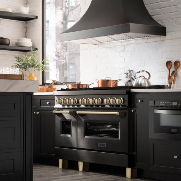 ZLINE Autograph Edition 48 in. 6.0 cu. ft. Dual Fuel Range with Gas Stove and Electric Oven in Black Stainless Steel with Polished Gold Accents (RABZ-48-G) - Image 3