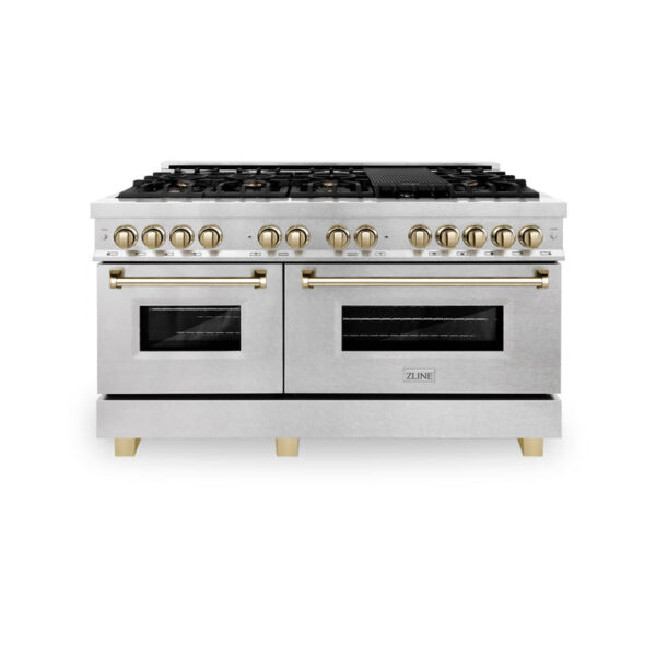 ZLINE Autograph Edition 60 in. 7.4 cu. ft. Dual Fuel Range with Gas Stove and Electric Oven in DuraSnow Stainless Steel with Polished Gold Accents (RASZ-SN-60-G) - Image 4