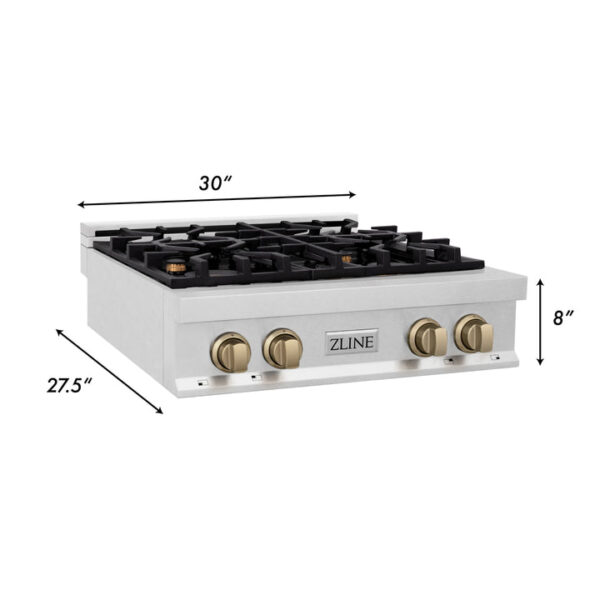 ZLINE Autograph Edition 30 in. Porcelain Rangetop with 4 Gas Burners in DuraSnow Stainless Steel with Champagne Bronze Accents (RTSZ-30-CB) - Image 3