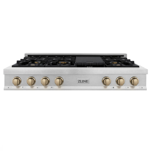 ZLINE Autograph Edition 48 in. Porcelain Rangetop with 7 Gas Burners in DuraSnow Stainless Steel and Champagne Bronze Accents (RTSZ-48-CB) - Image 7