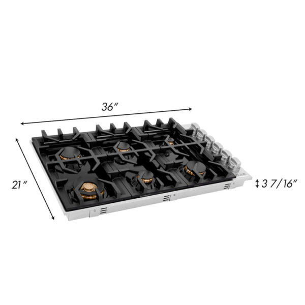 ZLINE 36 in. Dropin Cooktop with 6 Gas Brass Burners and Black Porcelain Top (RC-BR-36-PBT) - Image 3
